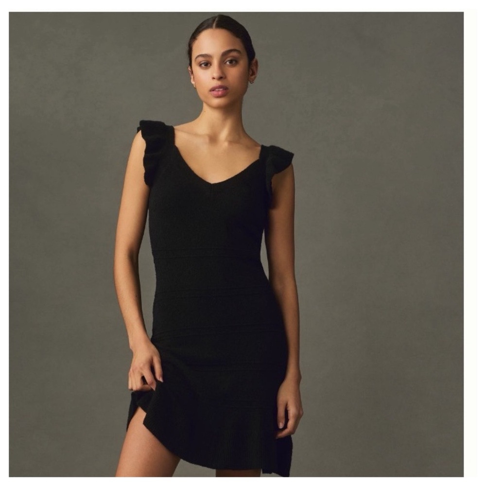NWT Anthropologie Sundays Lou Black Mini Ruffled Pointelle Knit Dress, L